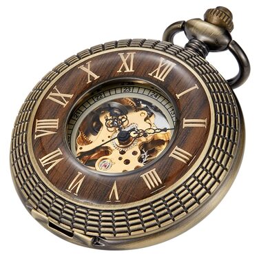 Скелетон кишеньковий механічний годинник Tiong Vintage Steampunk з ланцюжком, римські цифри, бронзовий колір (у подарунковій коробці)