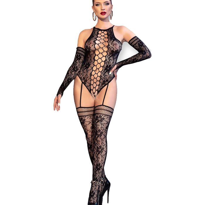 Прозорий боді з відкритими бретелями та мереживом, чорний, з рукавчиками та панчохами, розмір S-M