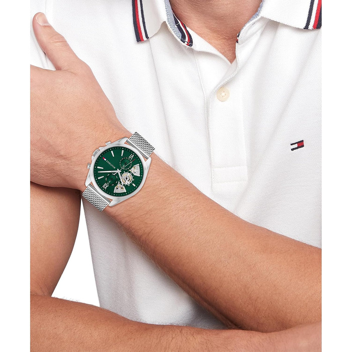 Чоловічий кварцовий годинник Tommy Hilfiger з багатофункціональним циферблатом, сталевим міш-браслетом сріблястого кольору та шкіряним ремінцем Green Mesh