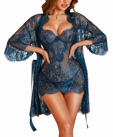 RSLOVE Комплект нижньої білизни з мережива, 3-частини: бюстгальтер, труси T-подібного крою, нічна сорочка (блакитний)