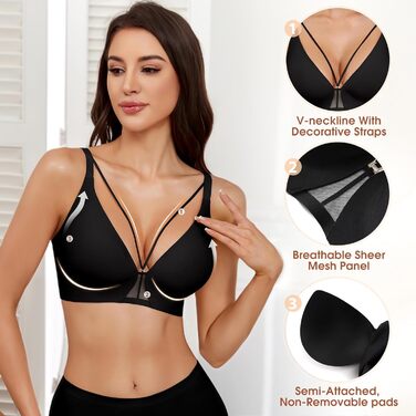 Чорний бюстгальтер без кісточок Push Up, безшовний, для сну, V-подібний виріз, класичний, M