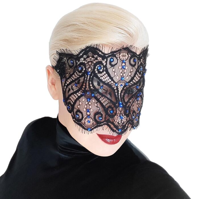 Чорна мереживна маска для жінок з кристалами - елегантна венеціанська маска для карнавалу, вечірки в готичному стилі, косплею та особливих подій - ручна робота (чорний колір з блакитними стразами)