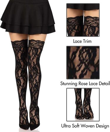Чорні мереживні панчохи з мереживним топом Leg Avenue 9762 для жінок, універсальний розмір (EUR 36-40)