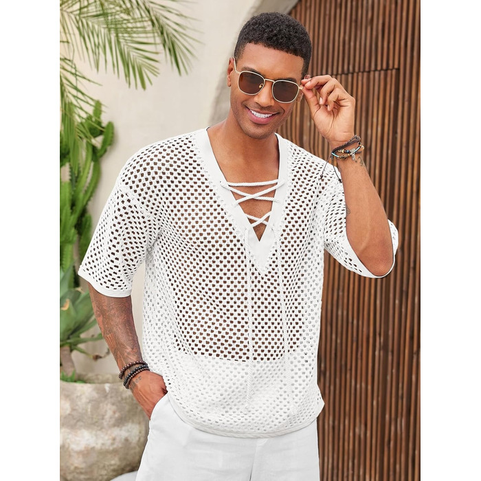 Чоловіча пляжна сорочка Runcati з шнурівкою, V-подібний виріз, в'язана, мереживна, прозора, літня сорочка (Білий/Розкішний сад, M)