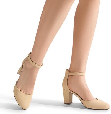 Жіночі весільні туфлі-човники DREAM PAIRS на стійких підборах з ремінцем на щиколотці, нубук, колір бежевий (Nude), розмір 39 EU