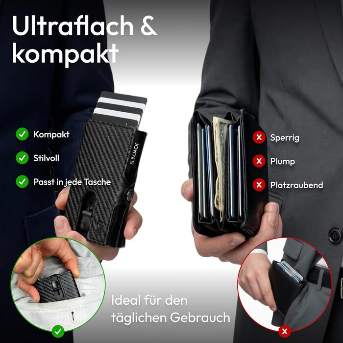 Чоловічий смарт-гаманець SLIMJACK з RFID-захистом, монетницею та тримачем для карток з алюмінію та шкіри (Carbon)