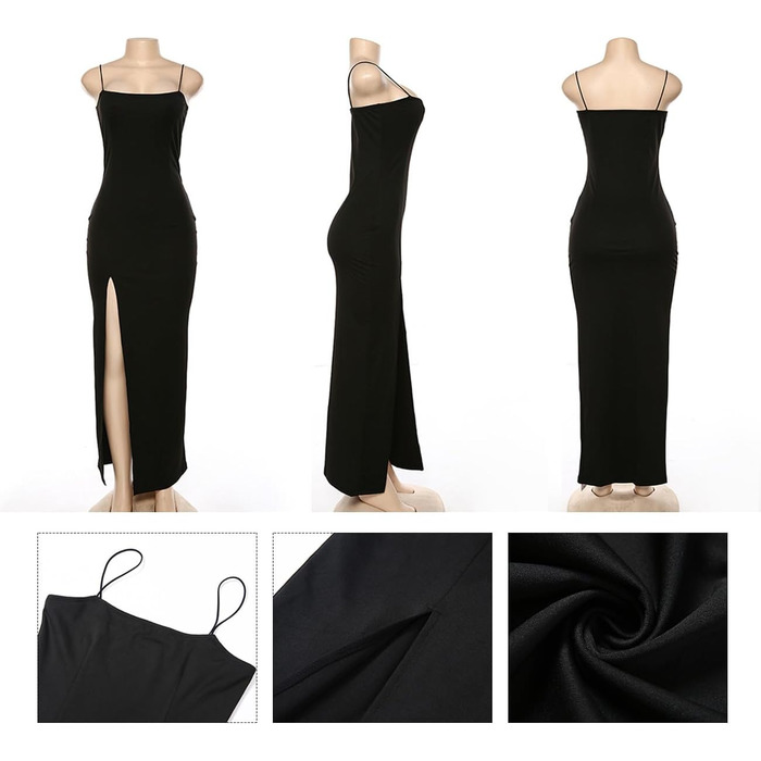 Сукня жіноча довга коктейльна літня елегантна чорна (M) - Sexy Spaghetti, Maxikleid, Bodycon з розрізом