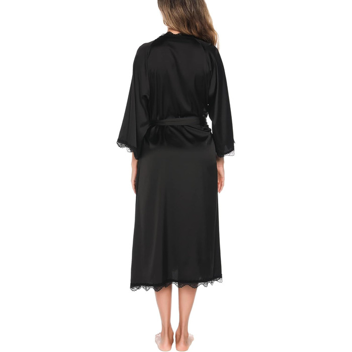 Шовковий халат Aranmei для жінок: довгий, з V-подібним вирізом, 3/4 рукава, нічний халат, халат для сну, кімоно, чорний, з мереживом