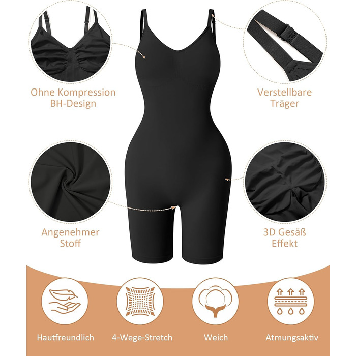 Коригуючий боді для жінок Werena Shapewear — безшовний утягуючий одяг для живота та стегон, формуючий боді-шорти з регульованими бретелями, чорний, розмір L