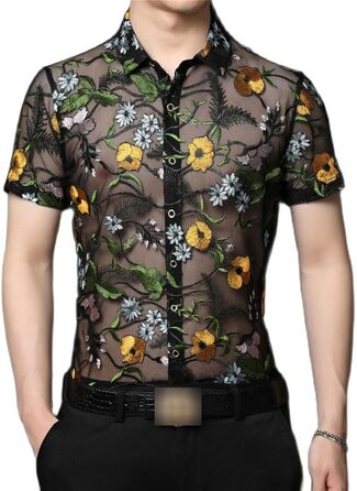 Чоловіча сорочка Yeuyyben з квітковою вишивкою, прозора, літня, з короткими рукавами, для вечірок, клубів, випускних, чорна