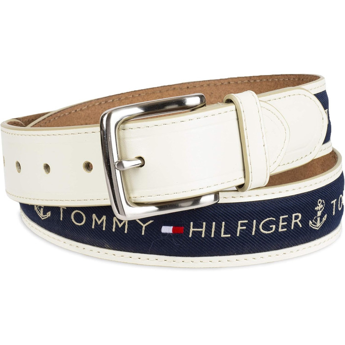 Чоловічий повсякденний ремінь Tommy Hilfiger з текстильною вставкою та класичною пряжкою, колір: кремовий з темно-синім, розмір 30