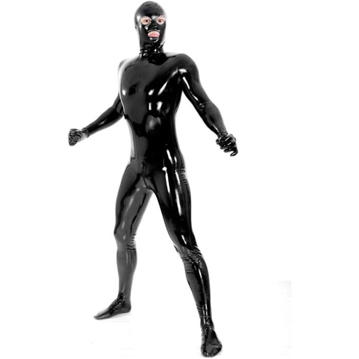Комбінезон чоловічий блискучий PVC шкіра, костюм кота, повний боді з блискавкою, catsuit з рукавичками, чорний, XL