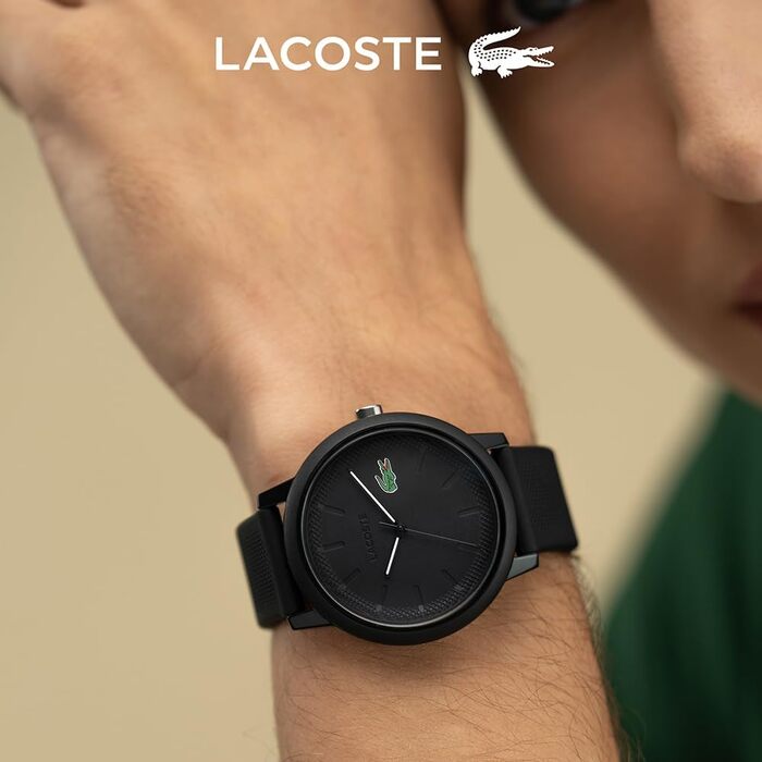 Аналоговий кварцовий годинник Lacoste 12.12 унісекс, чорний, силіконовий ремінець з текстурою Petit Piqué