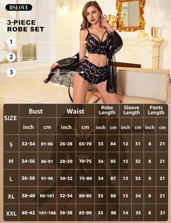 RSLOVE Комплект спідньої білизни з мереживом - сексуальна нічна сорочка, бюстгальтер та труси, темно-синій (S, Чорний)