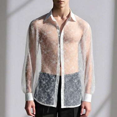 Чоловіча сітчаста сорочка Mymyguoe: прозора, з коротким рукавом, для клубів та вечірок, білий колір