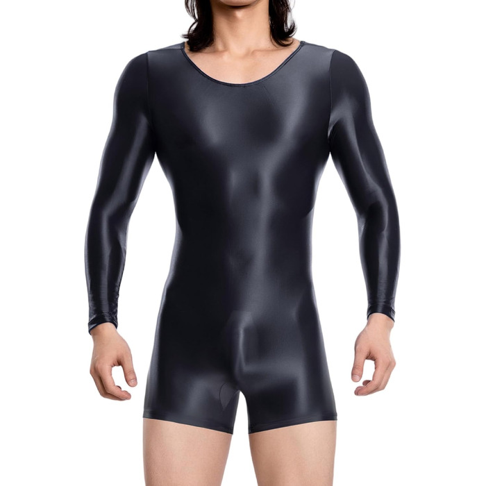 Чоловічий боді з прозорої тканини з довгими рукавами, бікіні-сліп, еластичний боді, глянцевий, шовковистий, комбінезон, чорний, XL