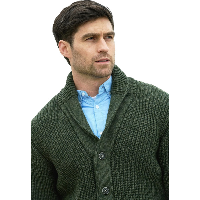 Чоловічий в'язаний кардиган Aran Crafts з 100% мериносової вовни, рифлений, колір армійський зелений, розмір S