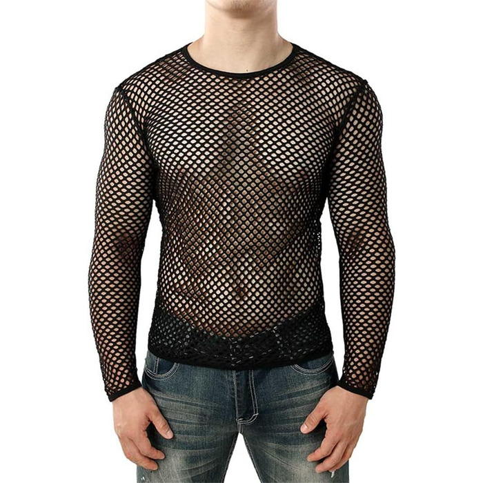 Прозора чоловіча футболка з довгим рукавом, мереживна, для клубів та вечірок, біле топ