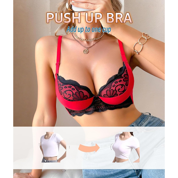 Трусики бюстгальтер для жінок з пуш-ап, квітковий мереживний дизайн, глибокий V-подібний виріз, додавання чашечки, повсякденний одяг, 85B, червоний