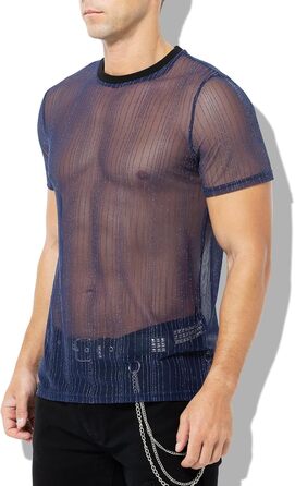 Прозора футболка Casey Kevin Herren з блискітками, короткий рукав, клубний стиль, синій (L)