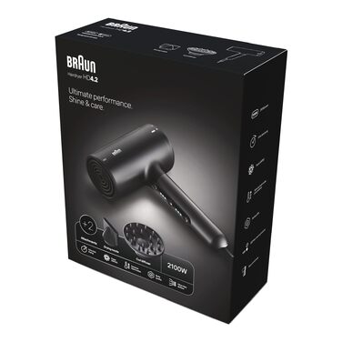 Фен для волосся Braun Haartrockner HD4.2 з дифузором та насадкою для стайлінгу, технологія Super IONTEC, 2100 Вт, 3 температури та 3 швидкості, чорно-сірий, BRHD425E