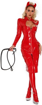 Сукня з латексу для жінок, червона, 3XL. Комплект з 4 частин: сукня, латексні панчохи, аксесуари. Еротичний костюм, мокрі ефекти, довгі рукави, лак та шкіра.