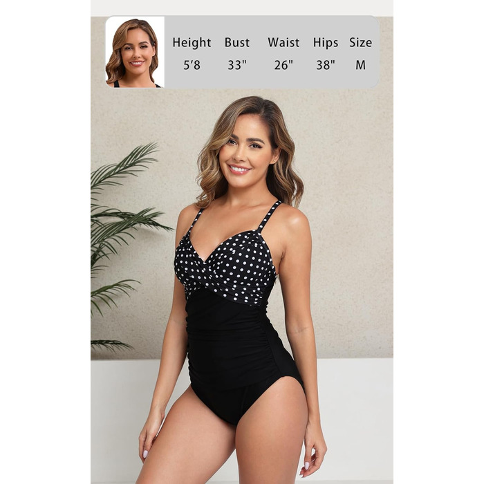 Купальник жіночий Halcurt з животом, з чашками, з драпіруванням, суцільний, з V-подібним вирізом, чорний у горошок, S-XXL