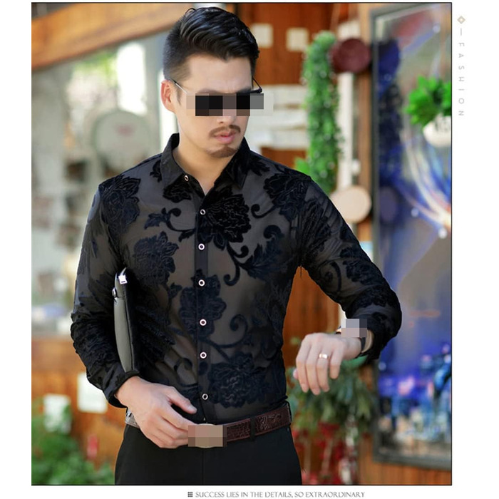 Чоловіча прозора сорочка Bollrllr з квітковою вишивкою, мереживна сорочка, сексуальний прозорий одяг, чорна сорочка XXL