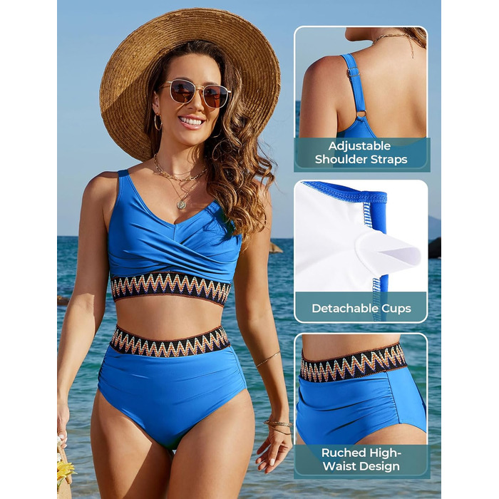 БІКІНІ Дамський Набір з Високою Талією, Бандо, Роздільний, Сексуальний V-Подібний Виріз, Пуш-Ап, Кольоровий Полосатий, Пляжний, Великі Розміри (Темно-синій, XL)