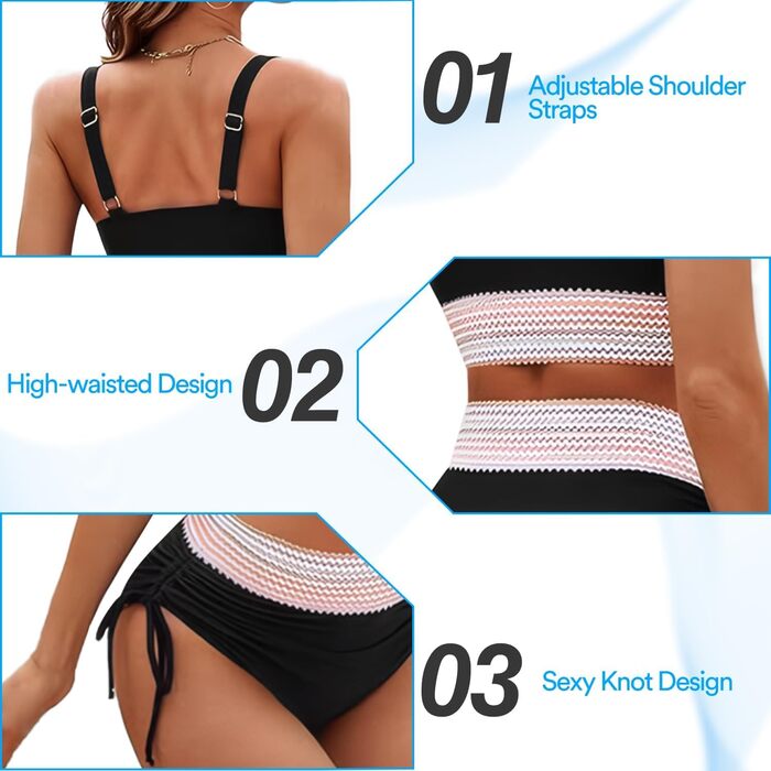 Бікіні з високою талією для жінок, комплект Push Up, контроль живота, регульовані бретелі, 2 шт., для пляжу, басейну, спа, чорний