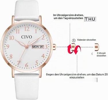 Жіночий аналоговий наручний годинник CIVO з великим циферблатом, датою та днем тижня, водонепроникний, білий — елегантний подарунок для жінок та людей похилого віку