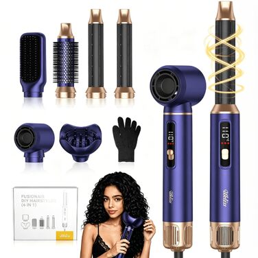 Мультистайлер для волосся 6 в 1 UKLISS Air Styler Set з дифузором, LCD-дисплеєм та насадами для завивки, сушіння та вирівнювання, 1000 Вт, Gold Blue