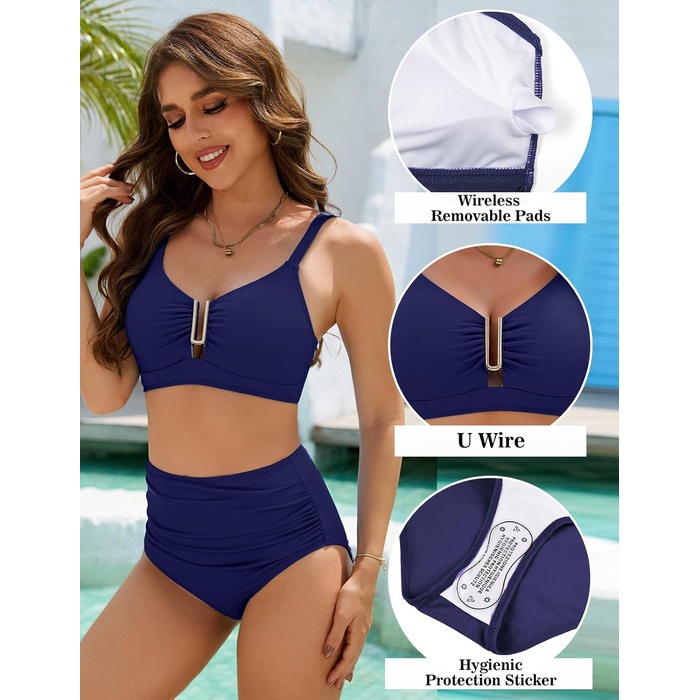БІКІНІ Daen Set Push Up з високою талією, суцільний двочастинний купальник, сексуальний металевий U-подібний виріз з бантиком, жіночий купальник для плавання (Темно-синій, XXL)