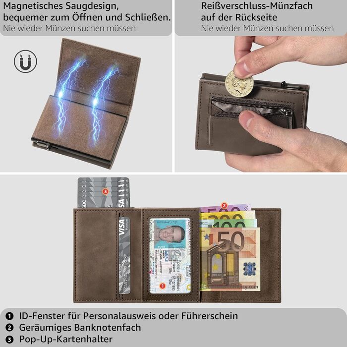 Чоловічий гаманець з RFID-захистом та Pop-up картницею, портмоне з магнітним замком, відділенням для монет та купюр, коричневий