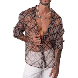 Чоловіча сорочка Deepsko з графічним принтом, сітка, довгі рукави, ґудзикова застібка XXL, модель 01
