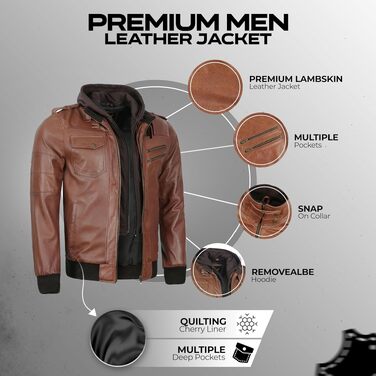 Чоловіча шкіряна куртка Leatherick Premium з натурального ягнячого хутра, з відстібним капюшоном та 7 кишенями, коричнева, розмір XXL