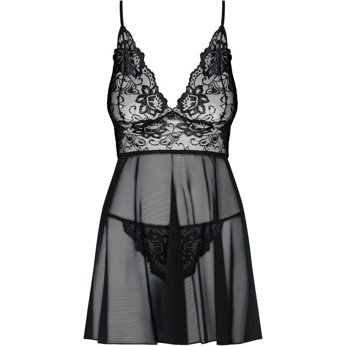 Сексуальний жіночий комплект спідньої білизни Obsessive: babydoll з мереживом та танга, подарункова коробка, чорний, L-XL