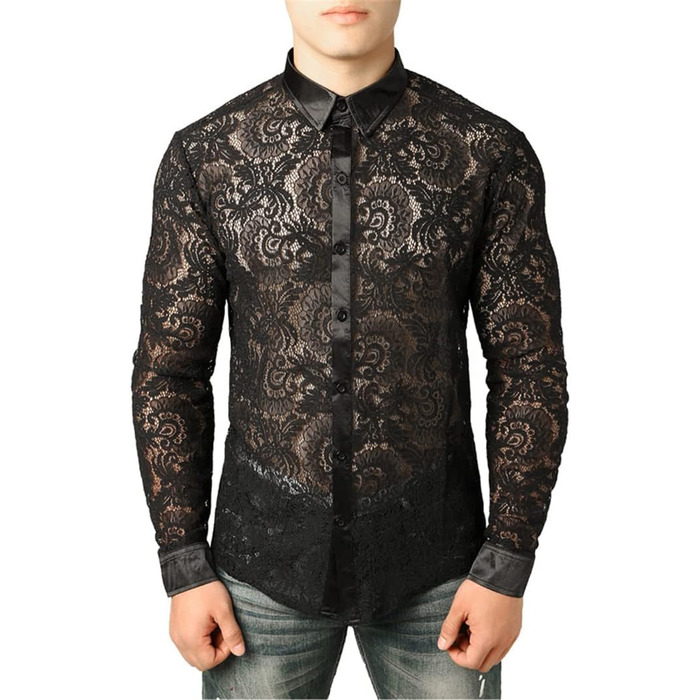 Чоловіча сорочка з сітки Bollrllr, прозора, облягаюча, з мереживом, для вечірок, клубів, випускного, розмір XXL, модель 6