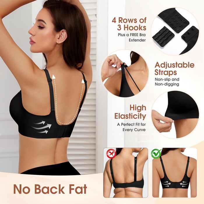 Чорний бюстгальтер без кісточок Push Up, безшовний, для сну, V-подібний виріз, класичний, M