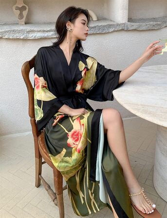 Жіночий халат з довгим рукавом з шовку та атласу, халат-кімоно з квітковим принтом, універсальний розмір (чорний, зелений з квітковим принтом)