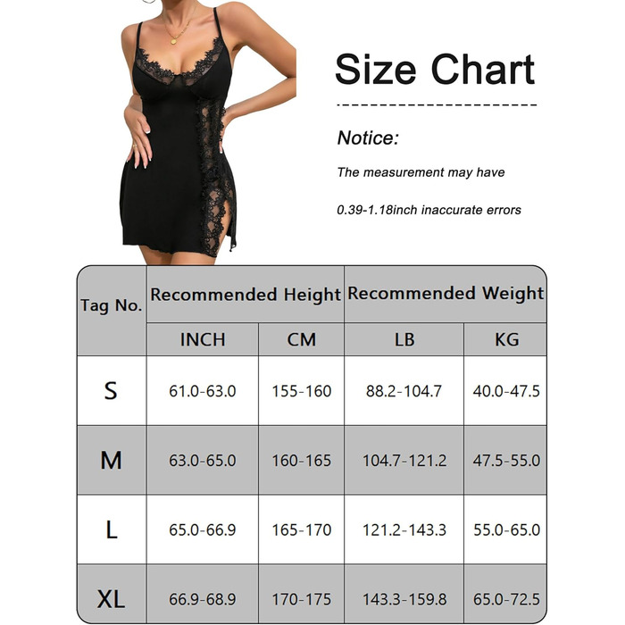 Babydoll для жінок: сексуальна нічна сорочка з вирізами та розрізом, мереживна піжама, чорний колір, розмір S