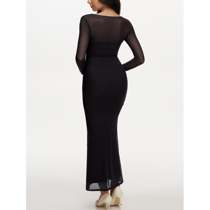 REORIA Максі-сукня для гостей на весілля: довге плаття з довгими рукавами, квадратний виріз, мереживна тканина, обтягуючий крій (Чорний онікс, XS)