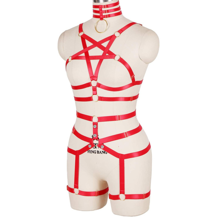 Жіночий корсет-нагрудник PETMHS у стилі панк, повна сітка, мереживний бюстгальтер та пояс-стрінг, комплект Harajuku Gothic для фестивалів та рейвів (червоний)