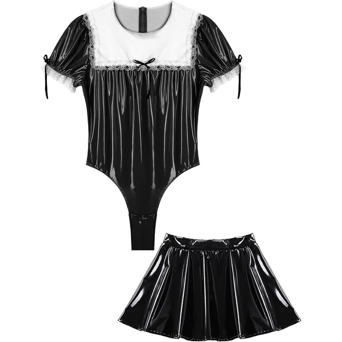 Костюм покоївки CHICTRY для чоловіків: чорний латексний боді з міні-спідницею та стоячим коміром, костюм для косплею