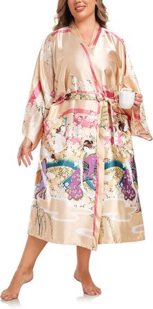 Халат кімоно для жінок, великі розміри, сатин, легкий, японський стиль, плюс сайз, халат для ванни, юката (Sakura Ukiyoe Champagne, XXL)