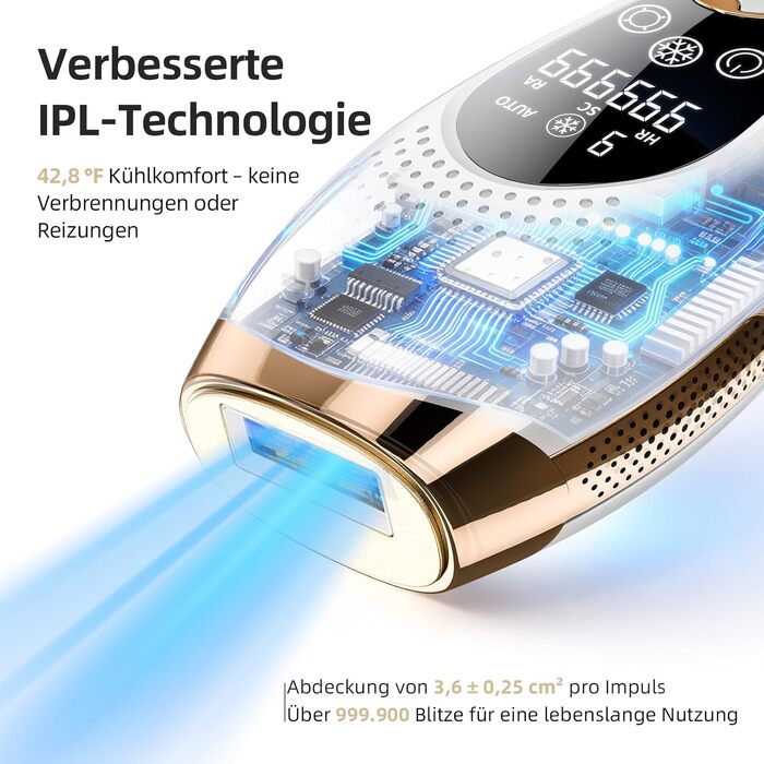 IPL-епілятор для дому з охолодженням 6°C, пристрій для видалення волосся з 999 900 імпульсами, 9 рівнями інтенсивності, авто- та ручним режимом для обличчя, тіла та бікіні-зони, унісекс, сріблястий