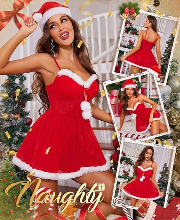 RSLOVE Сексуальна новорічна білизна для жінок - ніжна сорочка з помпонами з штучного хутра, святкова білизна, костюм XXL, червоний