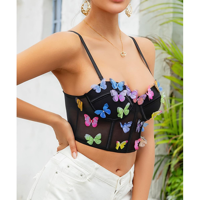 Жіночий топ з квітковою вишивкою Tetudineu - чорний, бралетта на тонких бретелях, баталлет