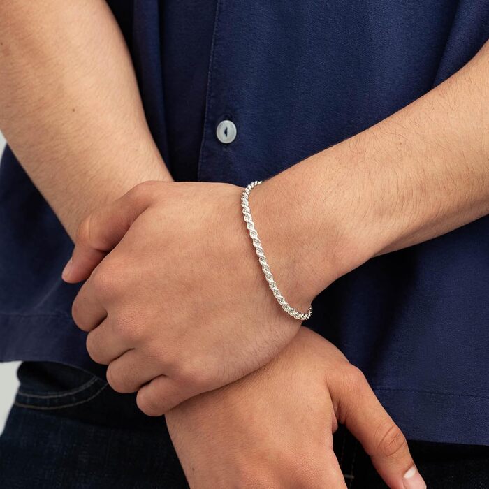 Срібний браслет LeCalla 925 Sterling Silver 4 мм, класичний плетений ланцюг «канатка» з алмазною огранкою, Італія, довжина 8 дюймів (унісекс)