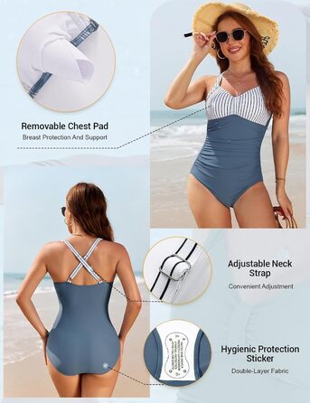 Світшот Nadeer для жінок, великі розміри, моделюючий купальник з високою талією, Push Up, V-подібний виріз, спортивний одноцільний купальник (блакитні смужки, L)